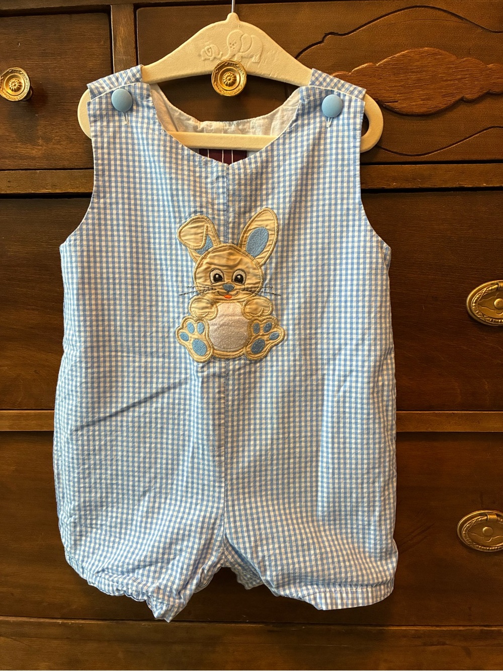 Lil Cactus Light Blue Gingham Baby Romper with Bunny Applique